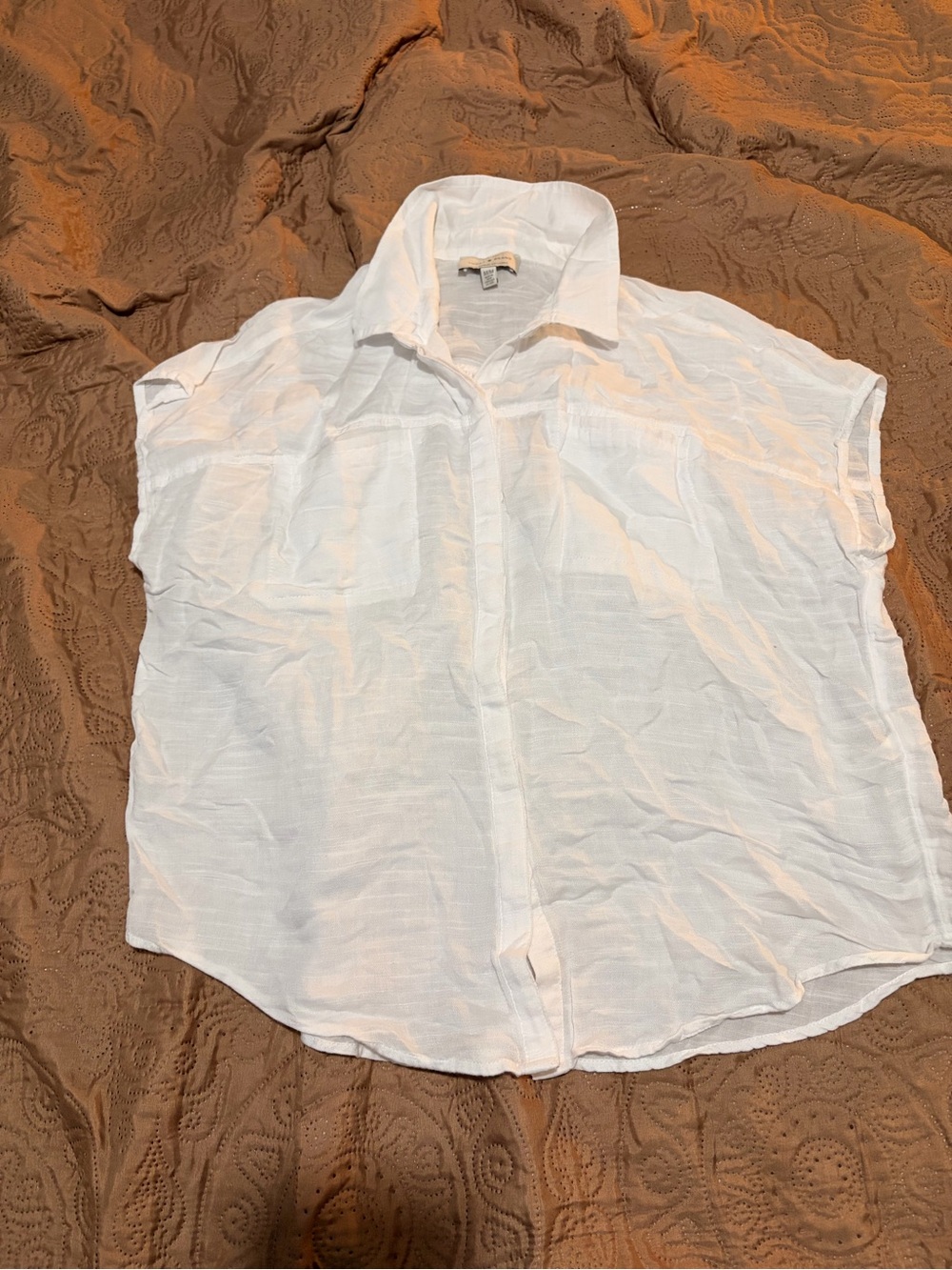 Lucky Brand White Cotton Modal Cap Sleeve Button-Down Top